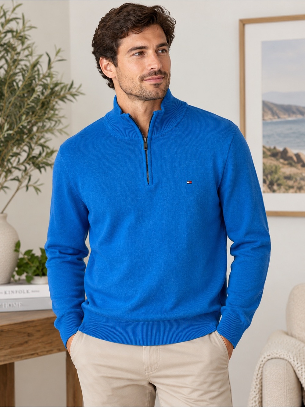 Tommy Hilfiger Men’s Zip-Neck Sweater in Cobalt Blue Size M Preppy Fall Winter